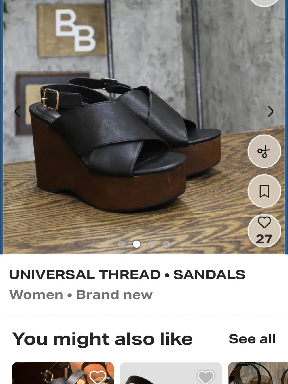 Black Platform Wedge Sandals with Brown Wood-Effect Sole